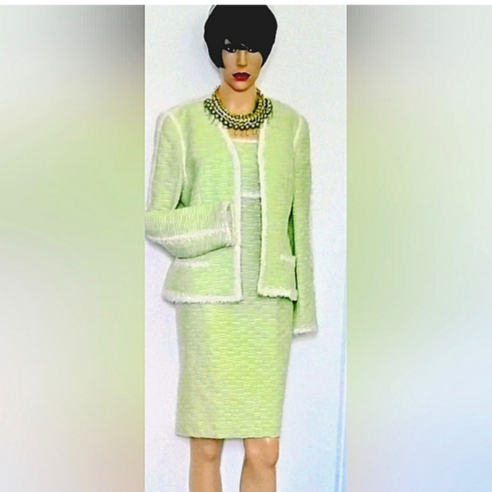 SOLD! ESCADA 8- 12 TWEED BOUCLE GREEN WHITE EYELASH WOOL COTTON SKIRT DRESS SUIT - Picture 11 of 11